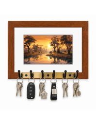 Decorative Wooden Photo Frame Key Hanger With Nature Picture, 12 X 8 Inch Wall Key Holder, 10 X 6 Inch Glossy Photo Frame, 6 Metal Hooks, Home Entrance Decor, Made In India (F38737)
