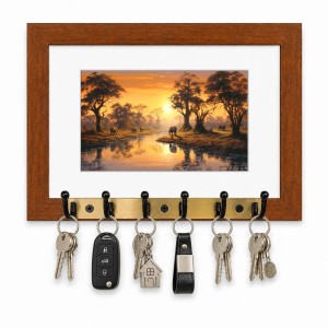 Decorative Wooden Photo Frame Key Hanger With Nature Picture, 12 X 8 Inch Wall Key Holder, 10 X 6 Inch Glossy Photo Frame, 6 Metal Hooks, Home Entrance Decor, Made In India (F38737)