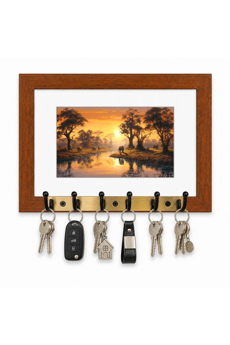 Decorative Wooden Photo Frame Key Hanger With Nature Picture, 12 X 8 Inch Wall Key Holder, 10 X 6 Inch Glossy Photo Frame, 6 Metal Hooks, Home Entrance Decor, Made In India (F38737)