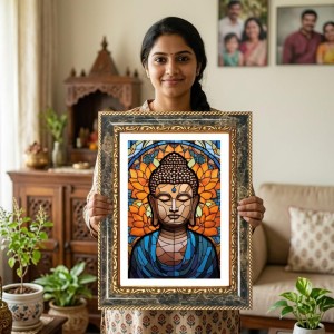 Buddha Decorative Photo Frame With White Mount | Premium Wall & Tabletop Picture Frame | Home, Office & Temple Decoration | 8x12 Inch (Pack Of 1) (F32443)