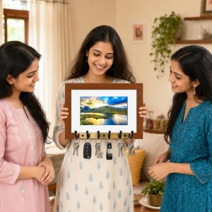 Decorative Wooden Photo Frame Key Hanger With Nature Picture, 12 X 8 Inch Wall Key Holder, 10 X 6 Inch Glossy Photo Frame, 6 Metal Hooks, Home Entrance Decor, Made In India (F38859)