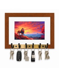 Decorative Wooden Photo Frame Key Hanger With Nature Picture, 12 X 8 Inch Wall Key Holder, 10 X 6 Inch Glossy Photo Frame, 6 Metal Hooks, Home Entrance Decor, Made In India (F38636)