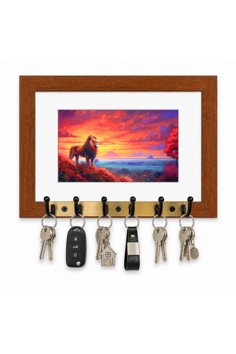 Decorative Wooden Photo Frame Key Hanger With Nature Picture, 12 X 8 Inch Wall Key Holder, 10 X 6 Inch Glossy Photo Frame, 6 Metal Hooks, Home Entrance Decor, Made In India (F38636)
