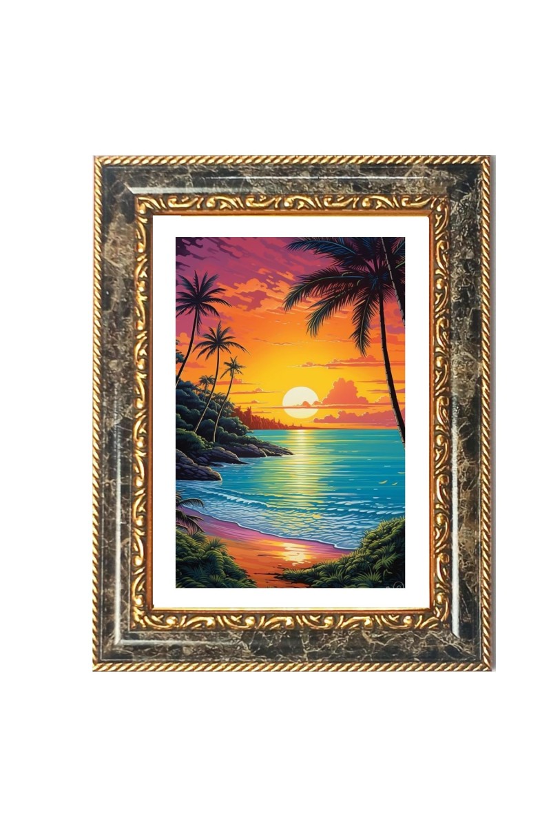 Tropical Sunset Canvas Wall Art Decorative Photo Frame With White Mount | Premium Wall & Tabletop Picture Frame | Home, Office & Temple Decoration | 8x12 Inch (Pack Of 1) (F32660)