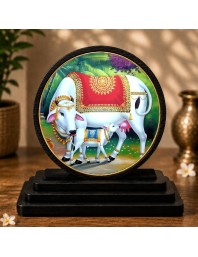 Car Dashboard Wooden Kamadhenu Cow and Calf Showpiece | 4 X 4.5 Inch Sublimation Printed Decorative Stand | 4 Mm MDF | Home Decor | Made in India (F33552)