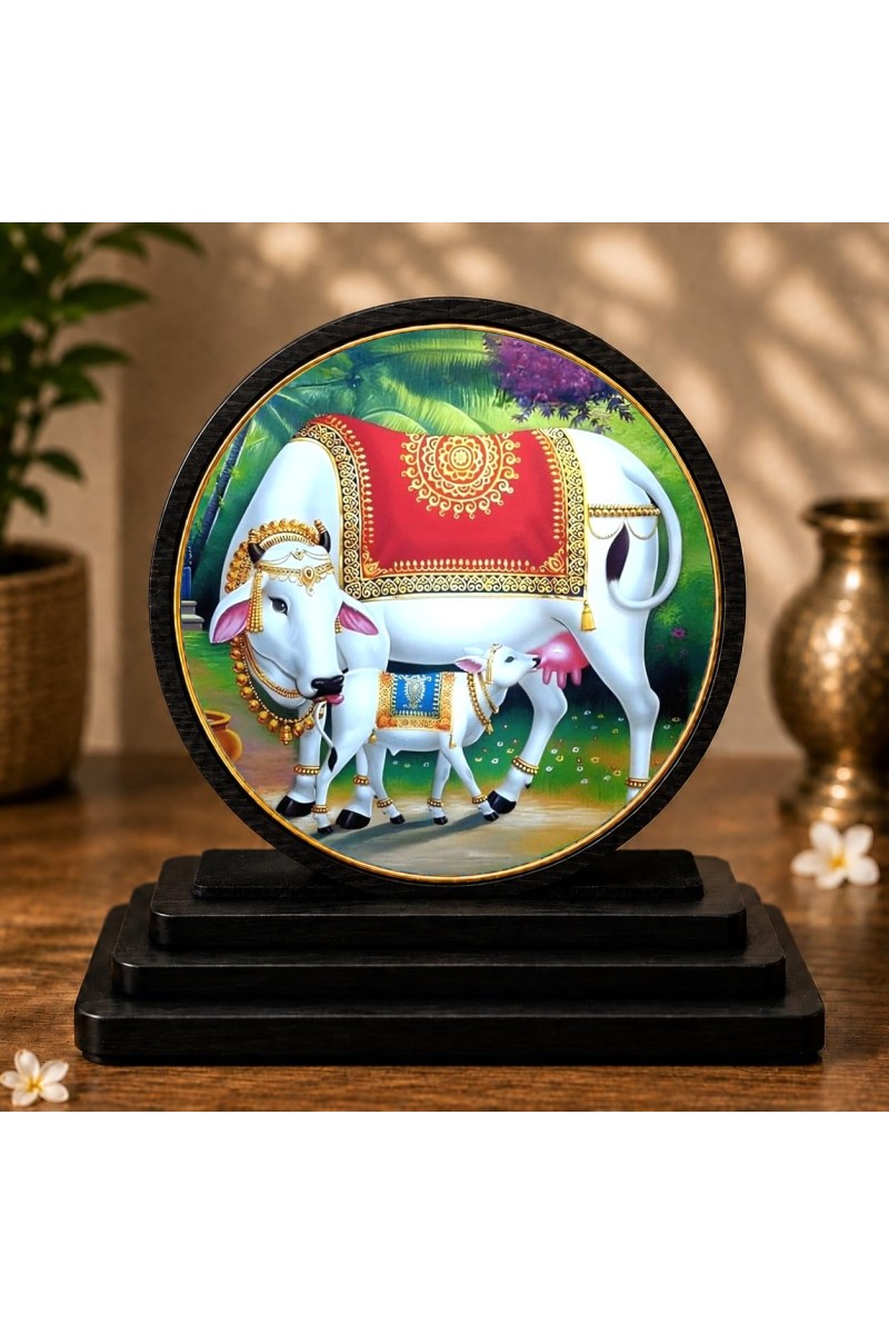 Car Dashboard Wooden Kamadhenu Cow and Calf Showpiece | 4 X 4.5 Inch Sublimation Printed Decorative Stand | 4 Mm MDF | Home Decor | Made in India (F33552)