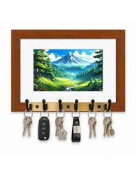 Decorative Wooden Photo Frame Key Hanger With Nature Picture, 12 X 8 Inch Wall Key Holder, 10 X 6 Inch Glossy Photo Frame, 6 Metal Hooks, Home Entrance Decor, Made In India (F38861)