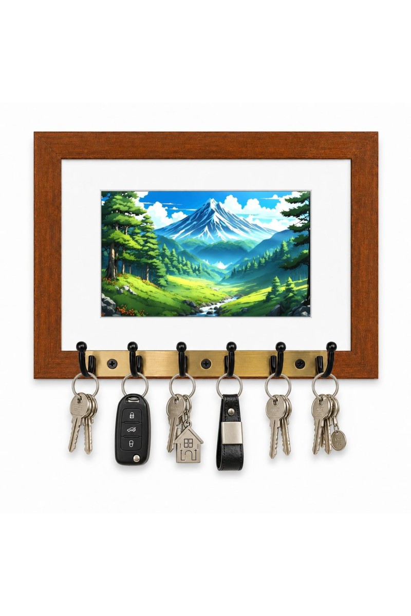 Decorative Wooden Photo Frame Key Hanger With Nature Picture, 12 X 8 Inch Wall Key Holder, 10 X 6 Inch Glossy Photo Frame, 6 Metal Hooks, Home Entrance Decor, Made In India (F38861)