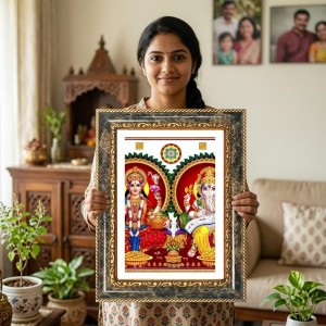Lakshmi And Ganeshaa Decorative Photo Frame With White Mount | Premium Wall & Tabletop Picture Frame | Home, Office & Temple Decoration | 8x12 Inch (Pack Of 1) (F33115)