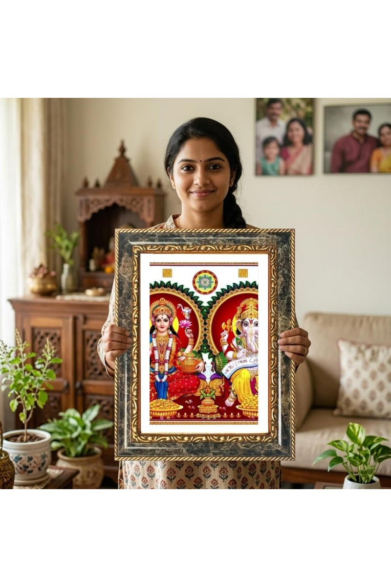 Lakshmi And Ganeshaa Decorative Photo Frame With White Mount | Premium Wall & Tabletop Picture Frame | Home, Office & Temple Decoration | 8x12 Inch (Pack Of 1) (F33115)