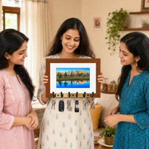 Decorative Wooden Photo Frame Key Hanger With Nature Picture, 12 X 8 Inch Wall Key Holder, 10 X 6 Inch Glossy Photo Frame, 6 Metal Hooks, Home Entrance Decor, Made In India (F38659)