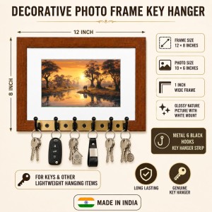 Decorative Wooden Photo Frame Key Hanger With Nature Picture, 12 X 8 Inch Wall Key Holder, 10 X 6 Inch Glossy Photo Frame, 6 Metal Hooks, Home Entrance Decor, Made In India (F38737)