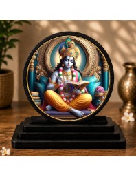 Car Dashboard Wooden Lord Krishna Showpiece | 4 X 4.5 Inch Sublimation Printed Decorative Stand | 4 Mm MDF | Home Decor | Made in India (F33296)