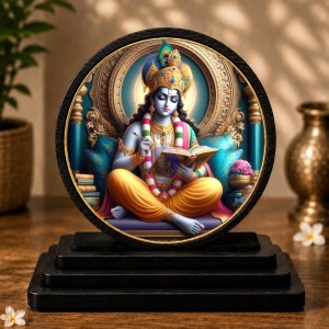 Car Dashboard Wooden Lord Krishna Showpiece | 4 X 4.5 Inch Sublimation Printed Decorative Stand | 4 Mm MDF | Home Decor | Made in India (F33296)