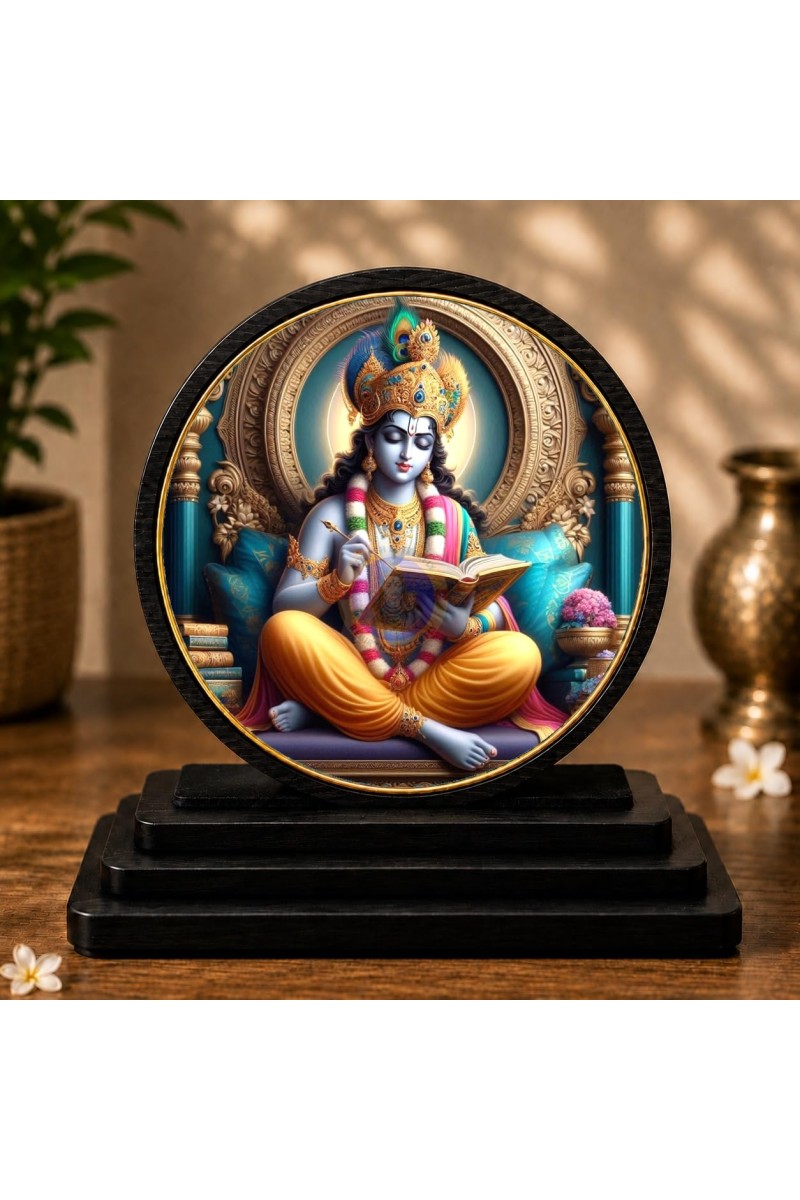 Car Dashboard Wooden Lord Krishna Showpiece | 4 X 4.5 Inch Sublimation Printed Decorative Stand | 4 Mm MDF | Home Decor | Made in India (F33296)