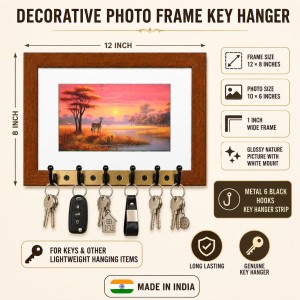 Decorative Wooden Photo Frame Key Hanger With Nature Picture, 12 X 8 Inch Wall Key Holder, 10 X 6 Inch Glossy Photo Frame, 6 Metal Hooks, Home Entrance Decor, Made In India (F38668)