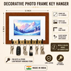 Decorative Wooden Photo Frame Key Hanger With Nature Picture, 12 X 8 Inch Wall Key Holder, 10 X 6 Inch Glossy Photo Frame, 6 Metal Hooks, Home Entrance Decor, Made In India (F38674) Decorative Wooden Photo Frame Key Hanger With Nature Picture, 12 X 8 Inch Wall Key Holder, 10 X 6 Inch Glossy Photo Frame, 6 Metal Hooks, Home Entrance Decor, Made In India (F38674)