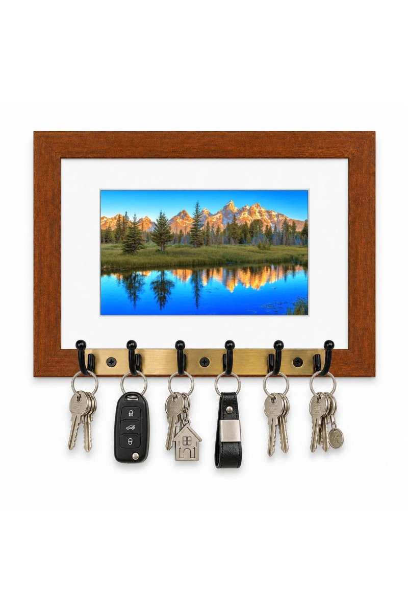 Decorative Wooden Photo Frame Key Hanger With Nature Picture, 12 X 8 Inch Wall Key Holder, 10 X 6 Inch Glossy Photo Frame, 6 Metal Hooks, Home Entrance Decor, Made In India (F38659)