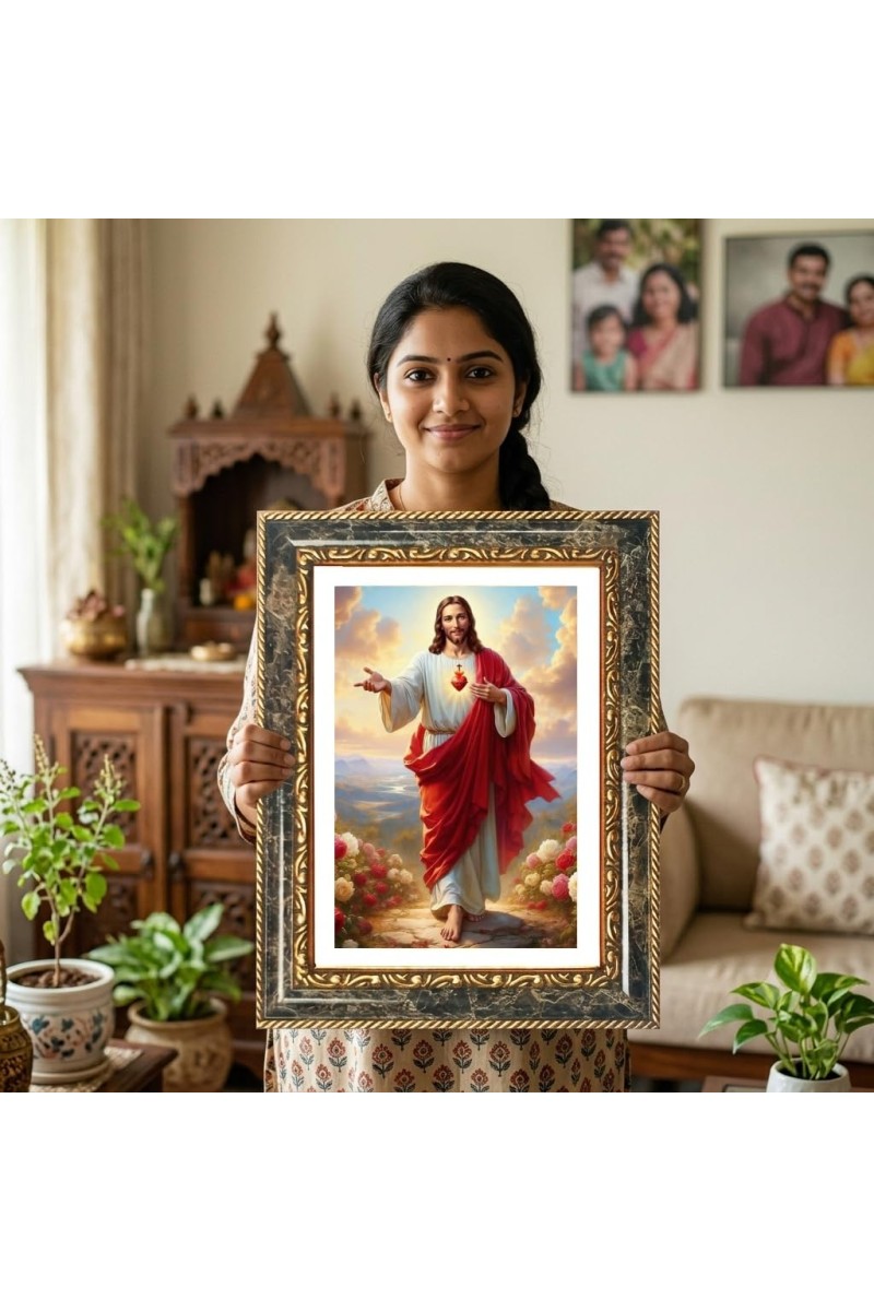 Jesus Christ Decorative Photo Frame With White Mount | Premium Wall & Tabletop Picture Frame | Home, Office & Temple Decoration | 10x14 Inch (Pack Of 1) (F32587)