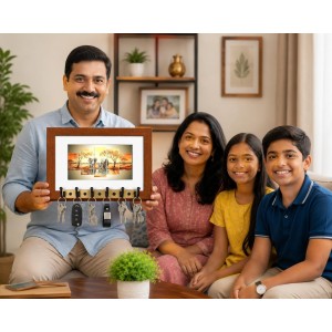 Decorative Wooden Photo Frame Key Hanger With Nature Picture, 12 X 8 Inch Wall Key Holder, 10 X 6 Inch Glossy Photo Frame, 6 Metal Hooks, Home Entrance Decor, Made In India (F38612)