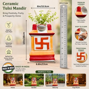 Handcrafted Ceramic Swastik Tulsi Mandir | Traditional Hindu Auspicious Symbol for Home Temple | Decorative Pooja Decor for Diwali, Navratri & Religious | Orange| Packed in a Premium Wooden Box
