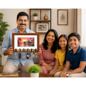 Decorative Wooden Photo Frame Key Hanger With Nature Picture, 12 X 8 Inch Wall Key Holder, 10 X 6 Inch Glossy Photo Frame, 6 Metal Hooks, Home Entrance Decor, Made In India (F38772)