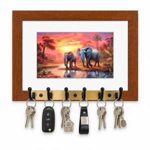 Decorative Wooden Photo Frame Key Hanger With Nature Picture, 12 X 8 Inch Wall Key Holder, 10 X 6 Inch Glossy Photo Frame, 6 Metal Hooks, Home Entrance Decor, Made In India (F38772)