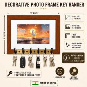 Decorative Wooden Photo Frame Key Hanger With Nature Picture, 12 X 8 Inch Wall Key Holder, 10 X 6 Inch Glossy Photo Frame, 6 Metal Hooks, Home Entrance Decor, Made In India (F38680)