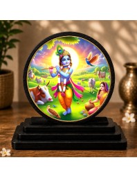 Car Dashboard Wooden Lord Krishna Showpiece | 4 X 4.5 Inch Sublimation Printed Decorative Stand | 4 Mm MDF | Home Decor | Made in India (F33638)