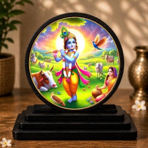 Car Dashboard Wooden Lord Krishna Showpiece | 4 X 4.5 Inch Sublimation Printed Decorative Stand | 4 Mm MDF | Home Decor | Made in India (F33638)