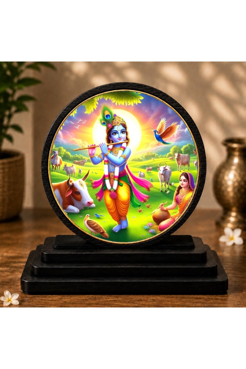 Car Dashboard Wooden Lord Krishna Showpiece | 4 X 4.5 Inch Sublimation Printed Decorative Stand | 4 Mm MDF | Home Decor | Made in India (F33638)