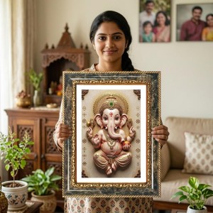 Cubist-style Depiction Of The Madonna And Child (the Virgin Mary Holding The Infant Jesus) Decorative Photo Frame With White Mount | Premium Wall & Tabletop Picture Frame | Home, Office & Temple Decor