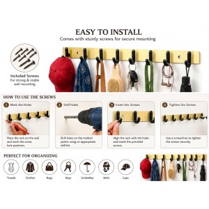8 Hook Wall Mounted Coat & Towel Hanger Rack | Stainless Steel Heavy Duty Multipurpose Hook Rail | Bathroom, Kitchen, Bedroom & Entryway Organizer | Includes 4 Mounting Screws | Gold & Black