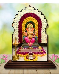 Car Dashboard/Table Top Lord Ganesha Wooden Temple Photo Stand 3x4 Inches, Compact & Stylish Spiritual Display for Car, Home & Office (Pack of 1) (F22558)