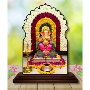 Car Dashboard/Table Top Lord Ganesha Wooden Temple Photo Stand 3x4 Inches, Compact & Stylish Spiritual Display for Car, Home & Office (Pack of 1) (F22558)