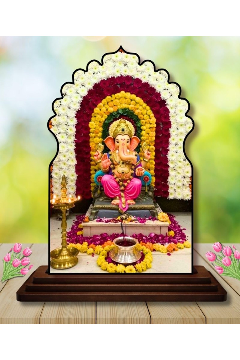 Car Dashboard/Table Top Lord Ganesha Wooden Temple Photo Stand 3x4 Inches, Compact & Stylish Spiritual Display for Car, Home & Office (Pack of 1) (F22558)