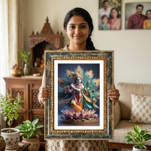 Krishna Decorative Photo Frame With White Mount | Premium Wall & Tabletop Picture Frame | Home, Office & Temple Decoration | 8x12 Inch (Pack Of 1) (F32366)