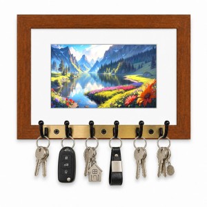 Decorative Wooden Photo Frame Key Hanger With Nature Picture, 12 X 8 Inch Wall Key Holder, 10 X 6 Inch Glossy Photo Frame, 6 Metal Hooks, Home Entrance Decor, Made In India (F38706)