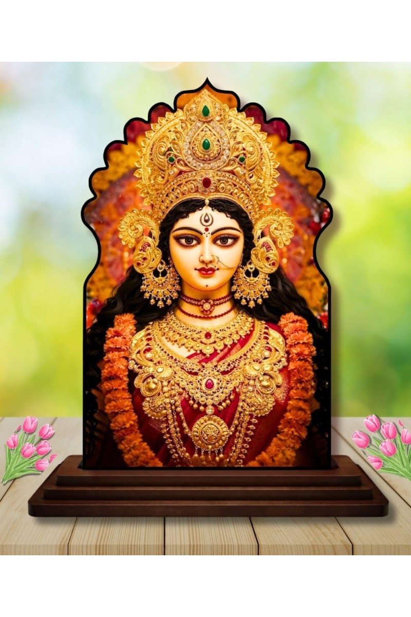 Car Dashboard/Table Top Goddess Durga Wooden Temple Photo Stand 3x4 Inches, Compact & Stylish Spiritual Display for Car, Home & Office (Pack of 1) (F22592)