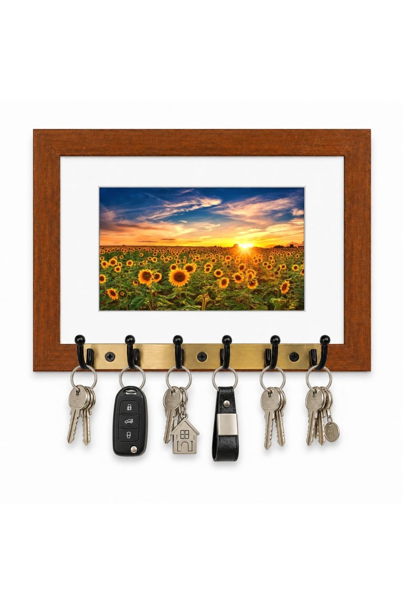 Decorative Wooden Photo Frame Key Hanger With Nature Picture, 12 X 8 Inch Wall Key Holder, 10 X 6 Inch Glossy Photo Frame, 6 Metal Hooks, Home Entrance Decor, Made In India (F38812)