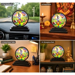 Car Dashboard Wooden Lord Krishna Showpiece | 4 X 4.5 Inch Sublimation Printed Decorative Stand | 4 Mm MDF | Home Decor | Made in India (F33638)