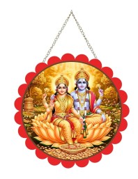 Lord Vishnu Lakshmi Wall Hanging Photo Frame | 8 Inch Round Floral Design With Golden Hanging Chain | Decorative Religious Wall Decor For Home, Office, Temple & Pooja Room (F21983)