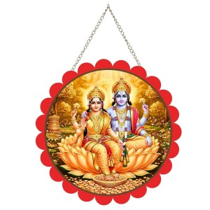 Lord Vishnu Lakshmi Wall Hanging Photo Frame | 8 Inch Round Floral Design With Golden Hanging Chain | Decorative Religious Wall Decor For Home, Office, Temple & Pooja Room (F21983)