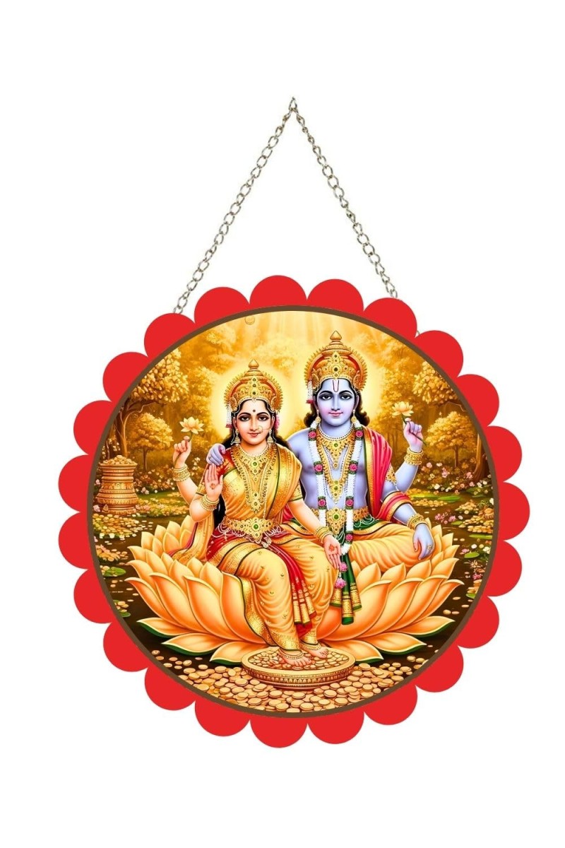 Lord Vishnu Lakshmi Wall Hanging Photo Frame | 8 Inch Round Floral Design With Golden Hanging Chain | Decorative Religious Wall Decor For Home, Office, Temple & Pooja Room (F21983)