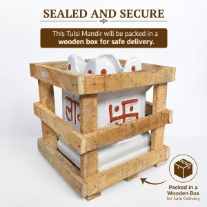 Handcrafted Ceramic White Tulsi Mandir with Auspicious Swastik Design | Traditional Tulsi Planter for Home, Balcony & Puja Room| Design May Vary | Securely Packed in a Wooden Box for Safe Delivery