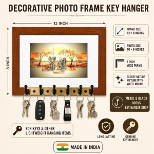 Decorative Wooden Photo Frame Key Hanger With Nature Picture, 12 X 8 Inch Wall Key Holder, 10 X 6 Inch Glossy Photo Frame, 6 Metal Hooks, Home Entrance Decor, Made In India (F38612)