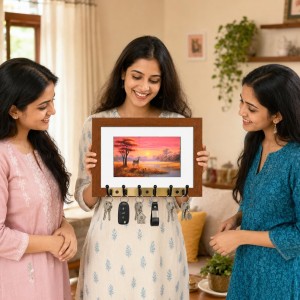 Decorative Wooden Photo Frame Key Hanger With Nature Picture, 12 X 8 Inch Wall Key Holder, 10 X 6 Inch Glossy Photo Frame, 6 Metal Hooks, Home Entrance Decor, Made In India (F38668)