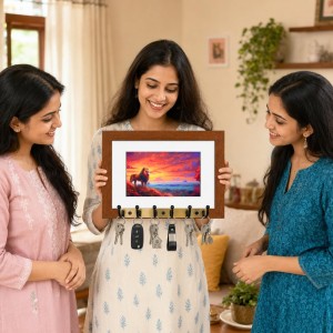 Decorative Wooden Photo Frame Key Hanger With Nature Picture, 12 X 8 Inch Wall Key Holder, 10 X 6 Inch Glossy Photo Frame, 6 Metal Hooks, Home Entrance Decor, Made In India (F38636)
