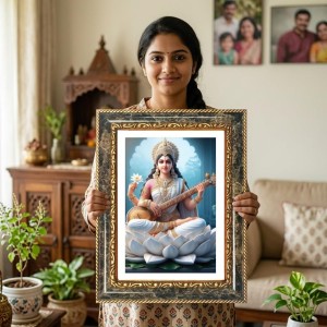 Goddess Saraswati Decorative Photo Frame With White Mount | Premium Wall & Tabletop Picture Frame | Home, Office & Temple Decoration | 10x14 Inch (Pack Of 1) (F31155)
