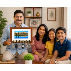 Decorative Wooden Photo Frame Key Hanger With Nature Picture, 12 X 8 Inch Wall Key Holder, 10 X 6 Inch Glossy Photo Frame, 6 Metal Hooks, Home Entrance Decor, Made In India (F38659)